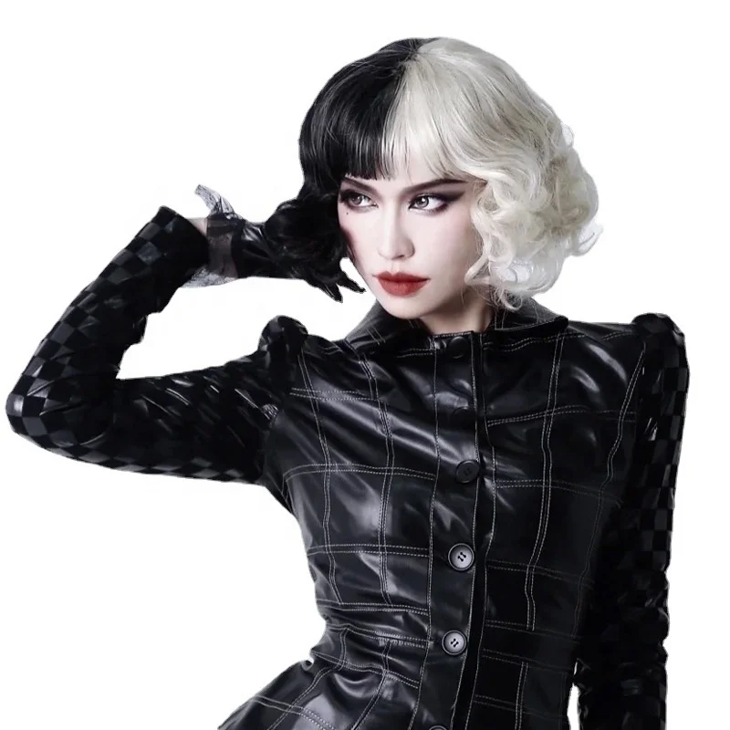 2023 Hot Cosplay Deville Wigs for Women Glueless Synthetic Costume Cruella Wig 12' Short Black and White Wigs