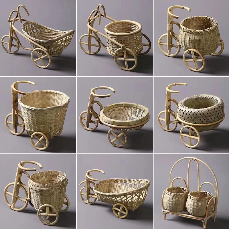 Bicycle Decorative Flower Basket Bamboo Rattan White Tricycle Design Flower Basket Storage Home Decoration Woven Storage Basket