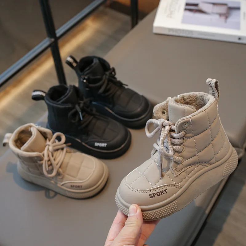 Winter Boys Girls Breathable Boots Children Shoes Little Kids Anti-Slip Leather Ankle Waterproof Lace-Up Martin Boots