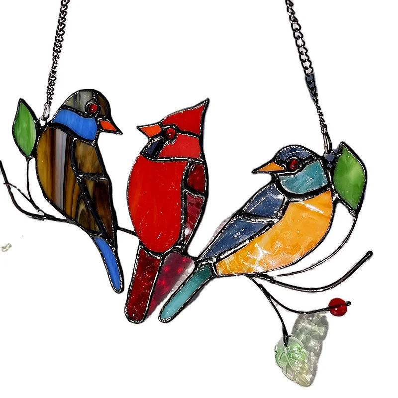 Creative Stained Glass Crafts Hand Blown Garden Colorful Metal Hanging Glass Bird Pendant Sculpture Decoration