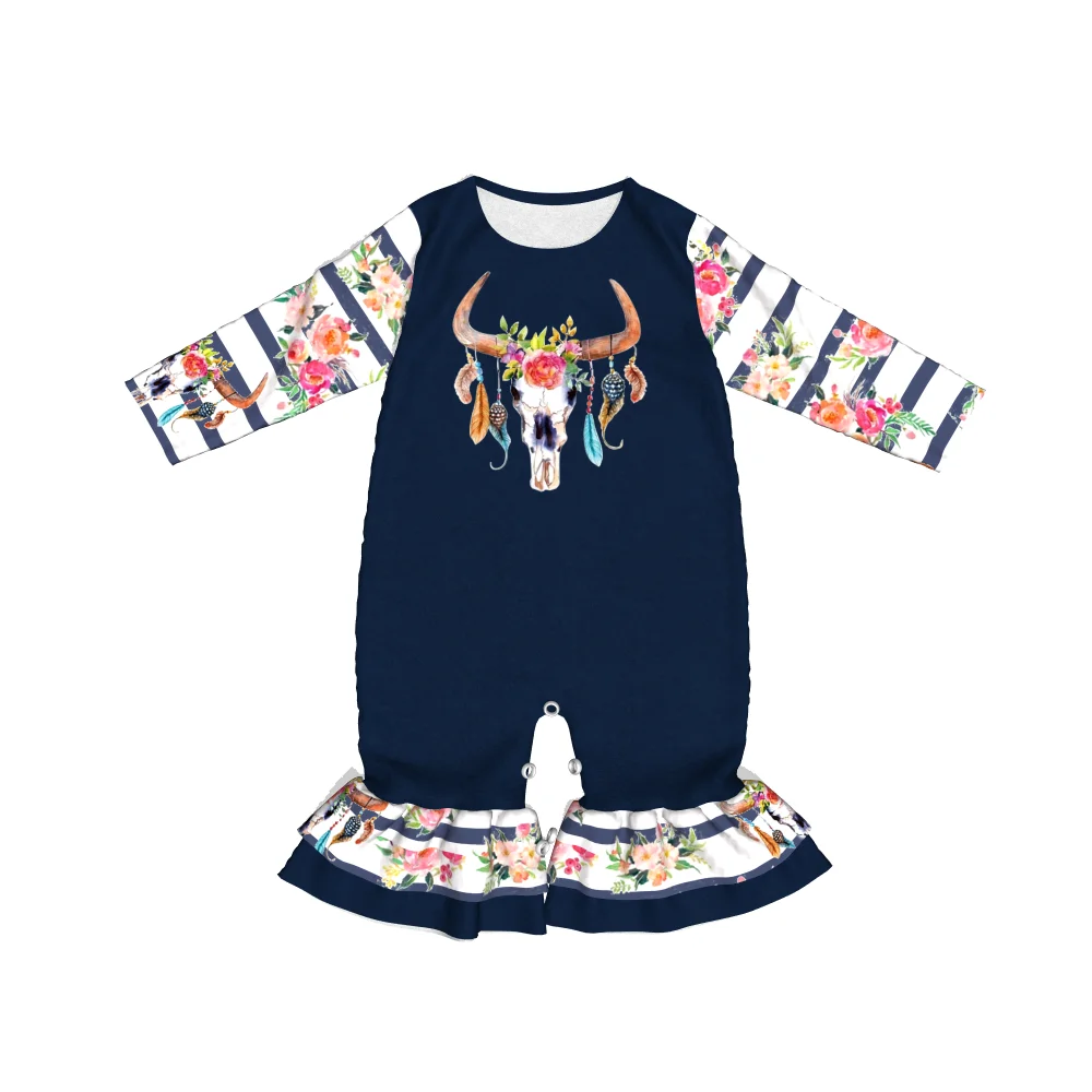 
Navy color full length sleeve cow skull printed baby boys romper custom design kids boutique romper 