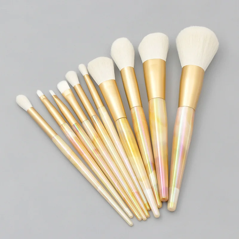 high end professional yellow Laser marbled conical plastic handle 10pcs/set synthetic makeup brushes