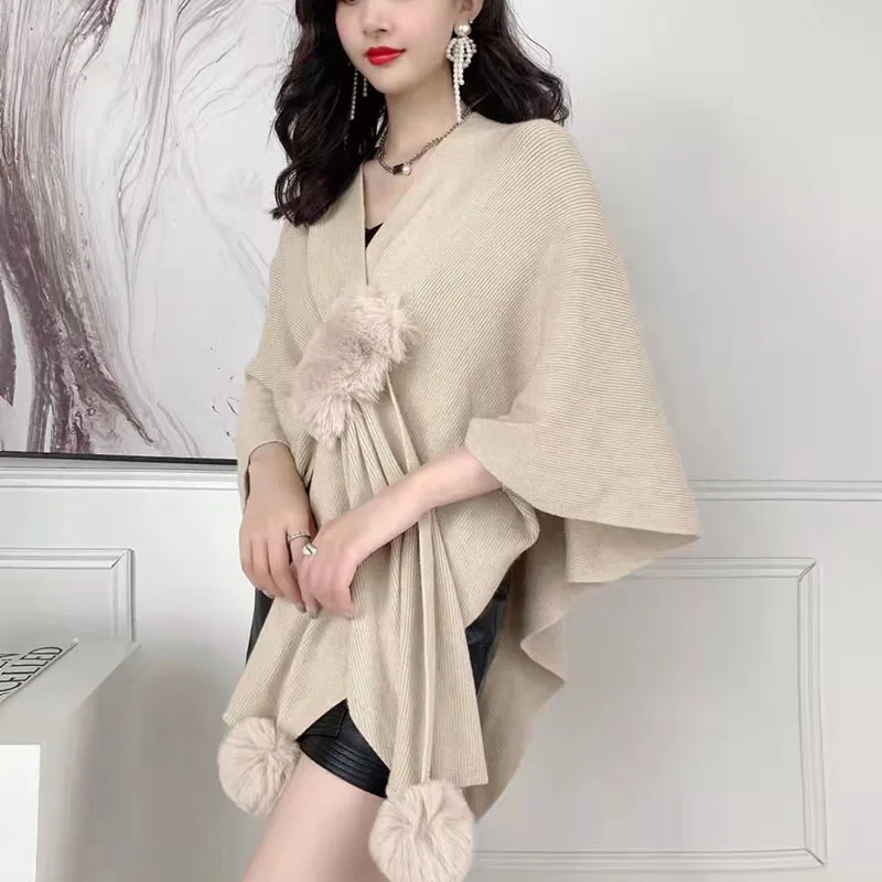ZDFURS*New Women irregular Knitted Sweater Shawl With Faux Fur Pom pom Cashmere Sweater Cape Female Winter Pashmina Wraps