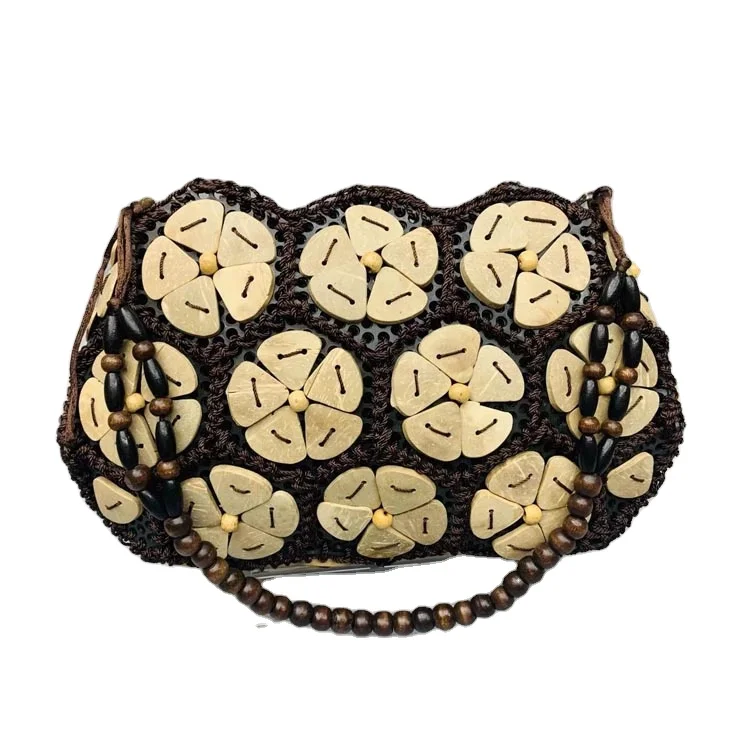 Hand weave vintage boho coconut shell bag indonesia natural beach bag