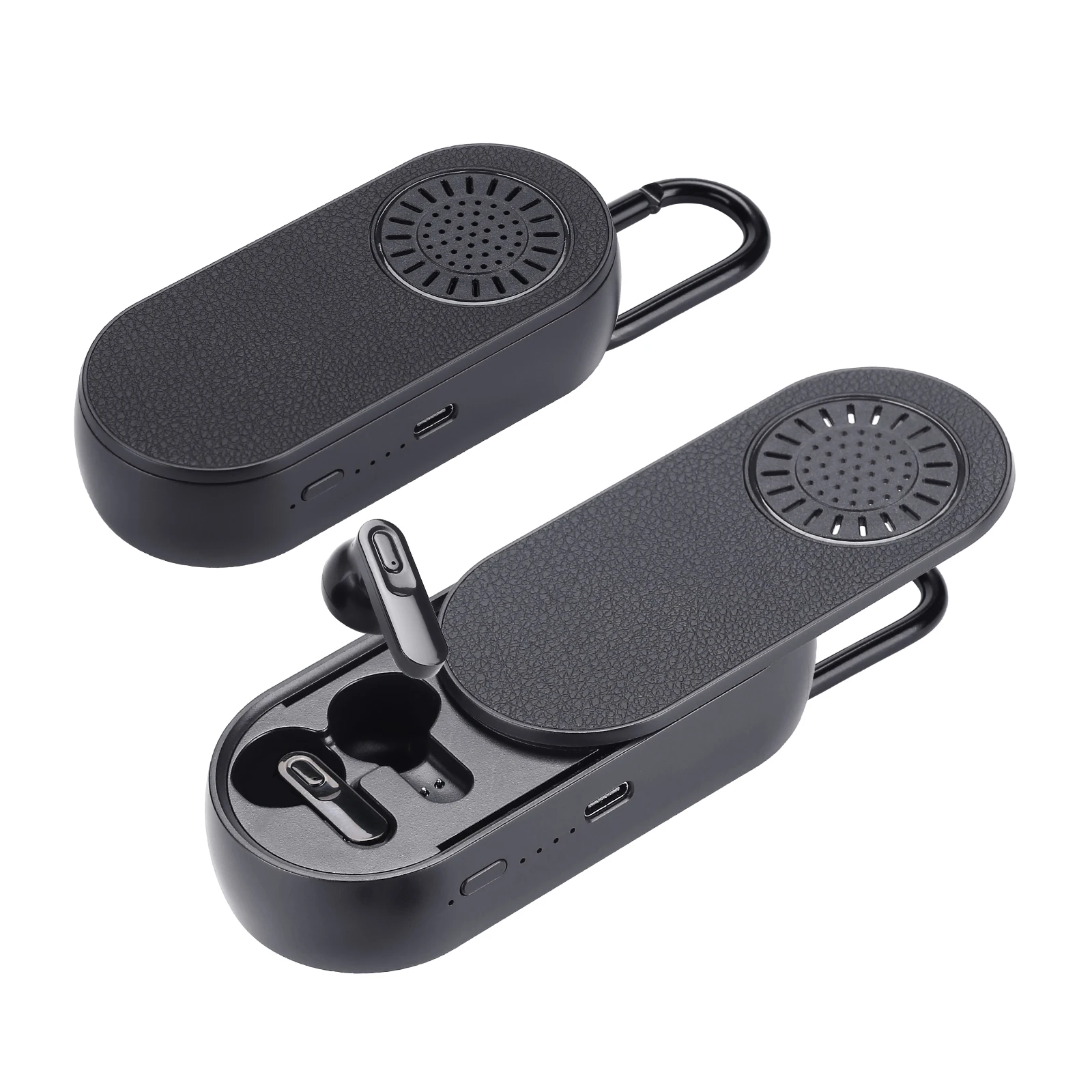 2022 Factory New Mini Wireless Speaker Leather Audio Player with Wireless Earbuds Portable Carabiner for Smartphone