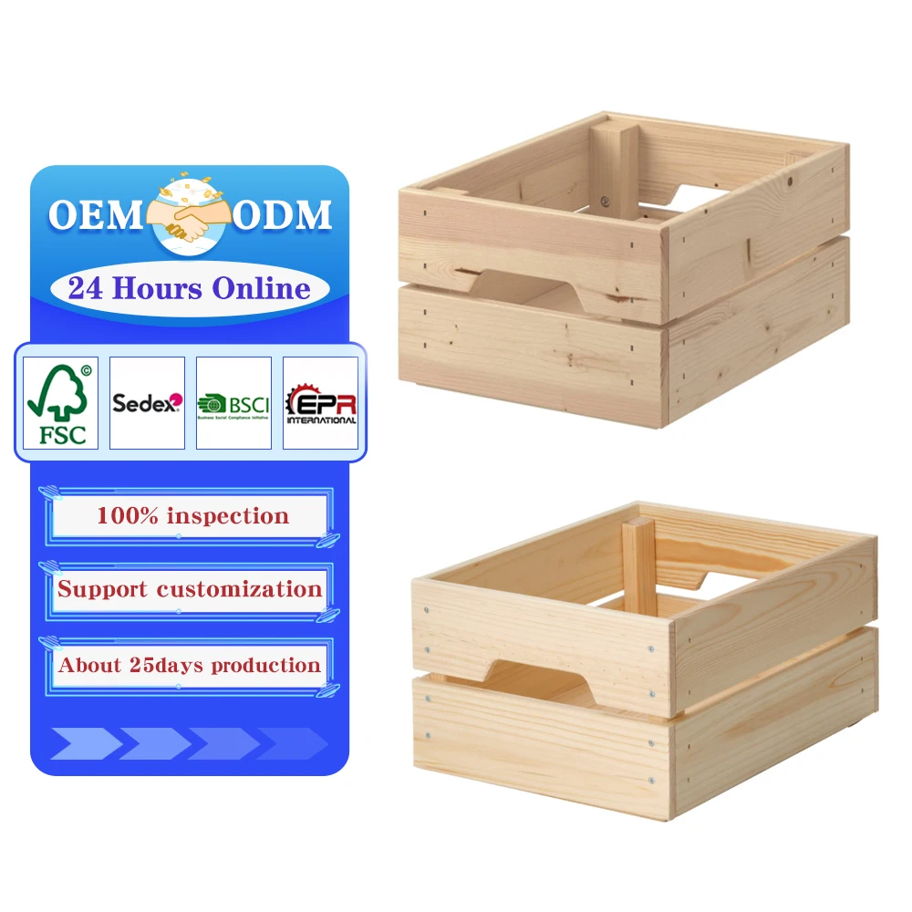 Custom Eco-friendly Unfinished Pine Wooden Square Vegetable Fruit Storage Crate Box