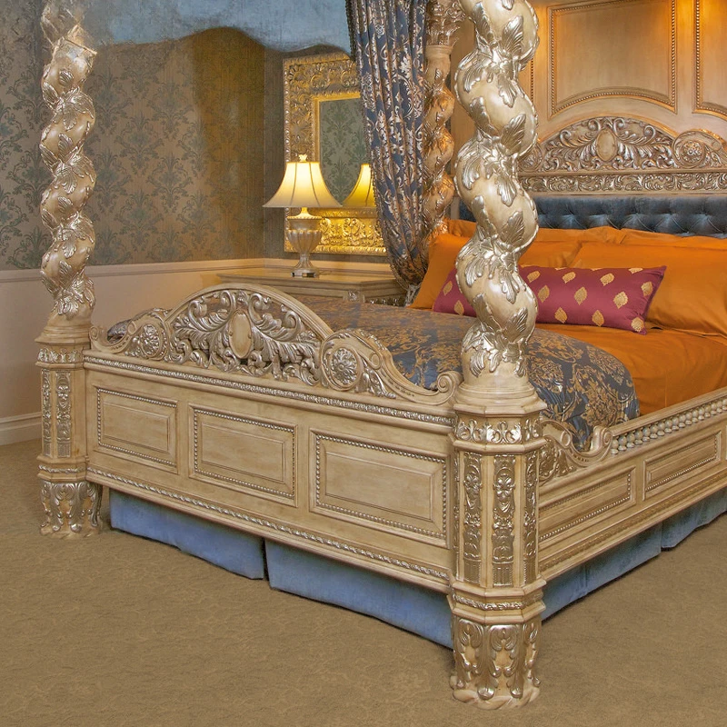 Antique Style Four Pillars Carving Large Luxury King Double Bed Bedroom Furniture Set Royal Palace Wood Pillars Bed