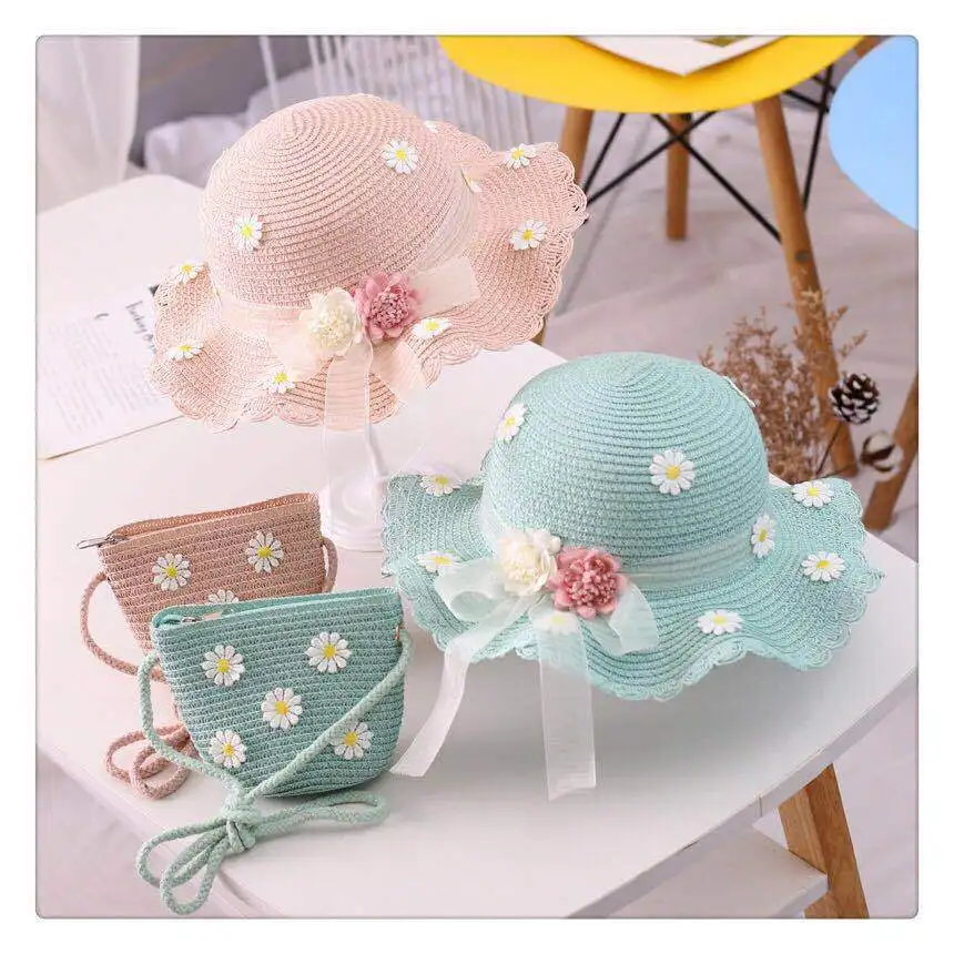 New Arrivals Girls Kids Flower Wide Brim Floppy Sun Hat Beach Hat Visor Hat Cap and Bag Set
