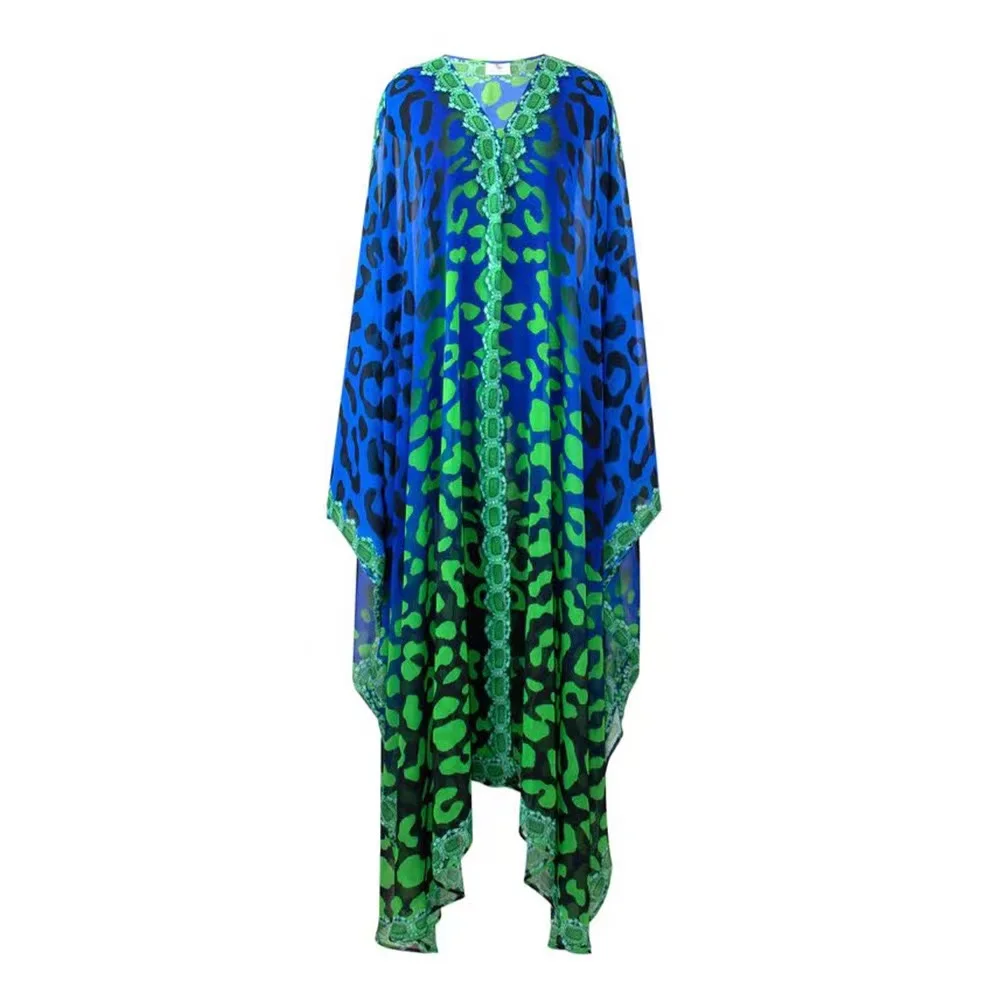J&H 2023 new fashion moroccan kaftan vintage printed v neck loose chiffon maxi dress free size ladies abaya dresses
