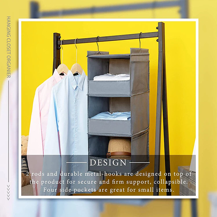 Foldable Wardrobe Organizer with 4pocket Collapsible Storage Hanging Bag Washable Plastic board 3 Shelf Hanging Closet Organizer