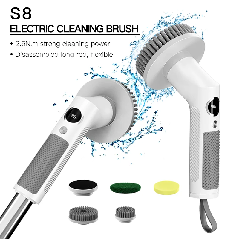 5-in-1 USB Chargeable Cleaning Brush long pole extendable Cordless Power Scrubber Kitchen Replaceable Electric Spin Scrubber