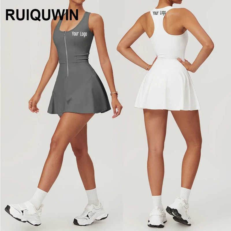 RUIQUWIN OEM 2024 Summer Outdoor Sleeveless Zipper With Shorts One Piece Tennis Dress  Workout Running Wear