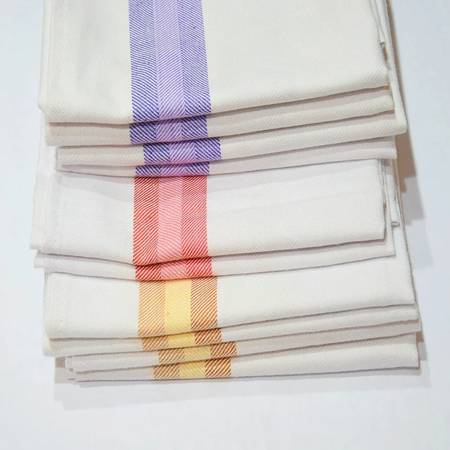 
 Классические кухонные чайные полотенца в елочку из 100% хлопка, стильные винтажные белые с фиолетовыми, зелеными и красными полосками, супервпитывающие  