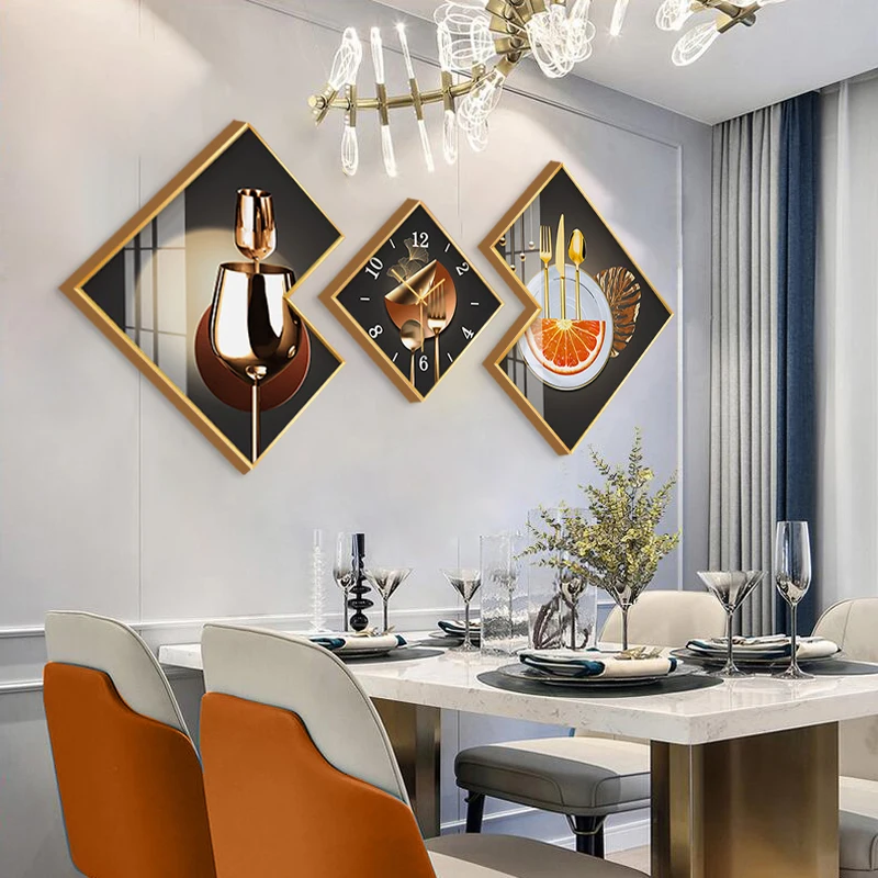 Living room Nordic style three-panel crystal porcelain painting modern minimalist sofa background wall clock