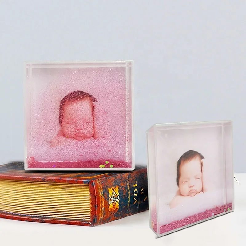 Baby Birthday Giveaway Gifts Small 4x4 Inch Pink Glitter Liquid Frame Plastic Square Photo Frames for Kids