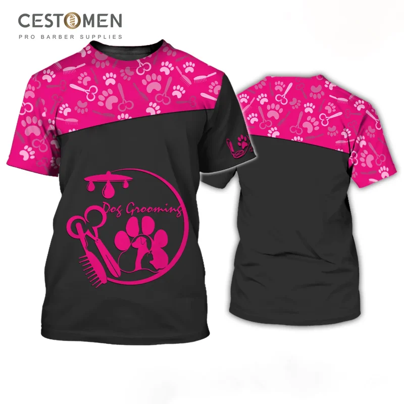 CESTOMEN 3D Print Custom Logo Pattern Pet Groomer Uniform Smock T Shirt Oversized Short Sleeve Dog Grooming Uniform For Pet Shop