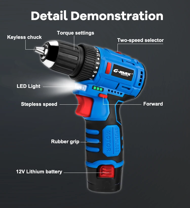 G-max Cordless Machine Power Tools  12V Brushless Motor Rechargeable Drill with LED Lighting