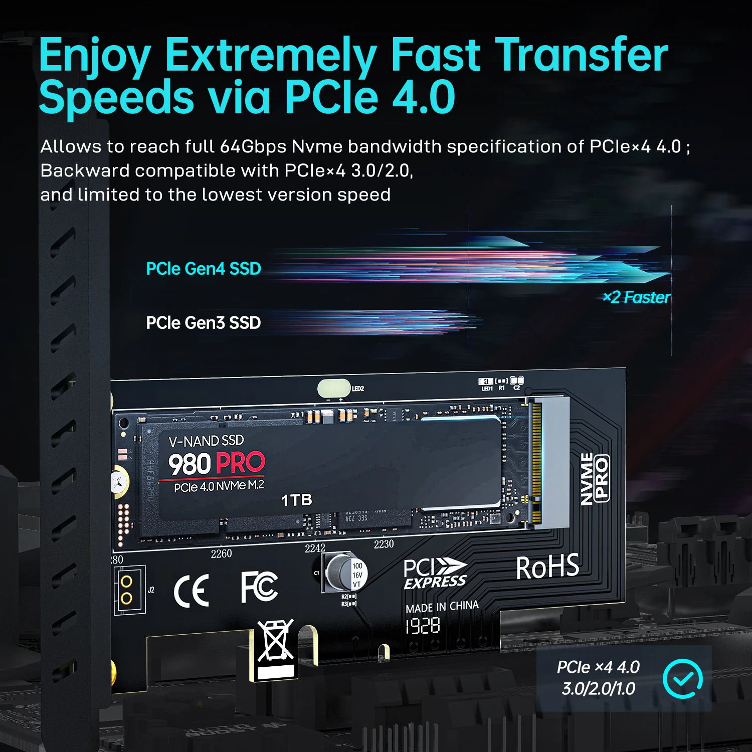 AMPCOM M key Connector M.2 NVME SSD to PCIE Interface Express 4 0x4 конвертер для 2230-2280