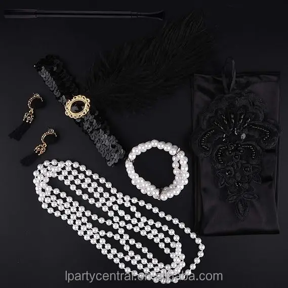 LP Black 1920s Accessories Set  Great Gatsby Flapper Costume for Women  Headband Gloves  Cigarette Holder Necklace Bracelets