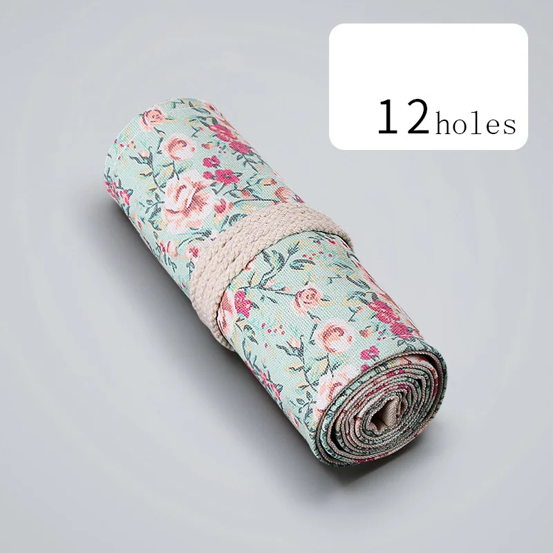 Canvas Floral Roll Color Sketch Pencil Cases with A Rope Tie Wholesale  MultI Holes Pens Storage Bags