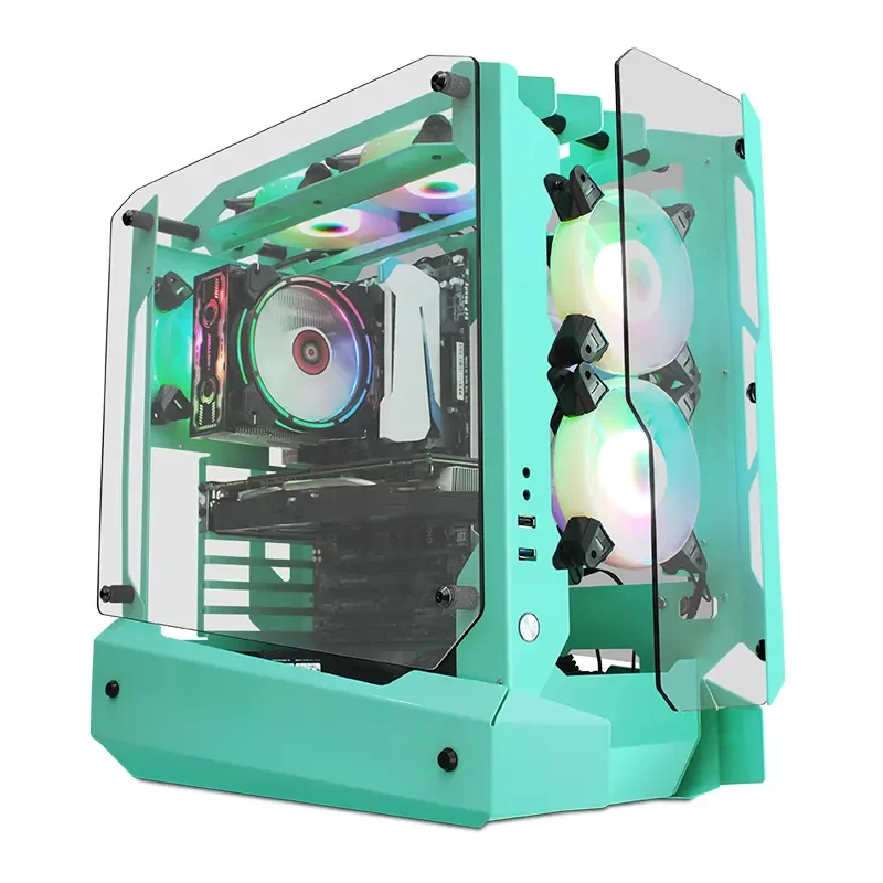 2023 Factory Custom Computer Case New Design Cabinet Green Color Four Side Heart ATX Full Tower Cabinet Gaming Pc Case Desktop