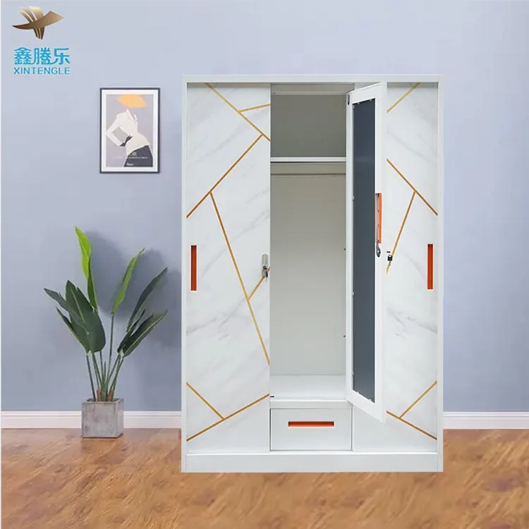 Multifunctional Steel Clothes Cabinet Bedroom Wardrobe with Sliding Door Mirror Drawer-Wardrobe Designs General Furniture Use