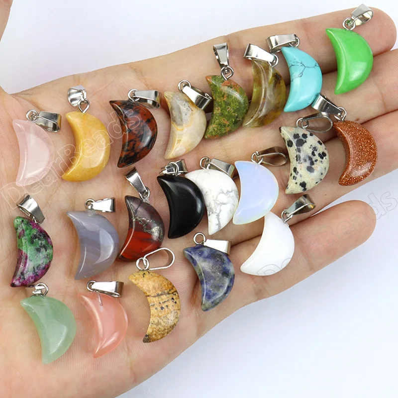 2CM Wholesale Sliver Moon Natural Stone Crystal Amethyst Pendant Quartz Pendants Charm For Necklace Jewelry Making