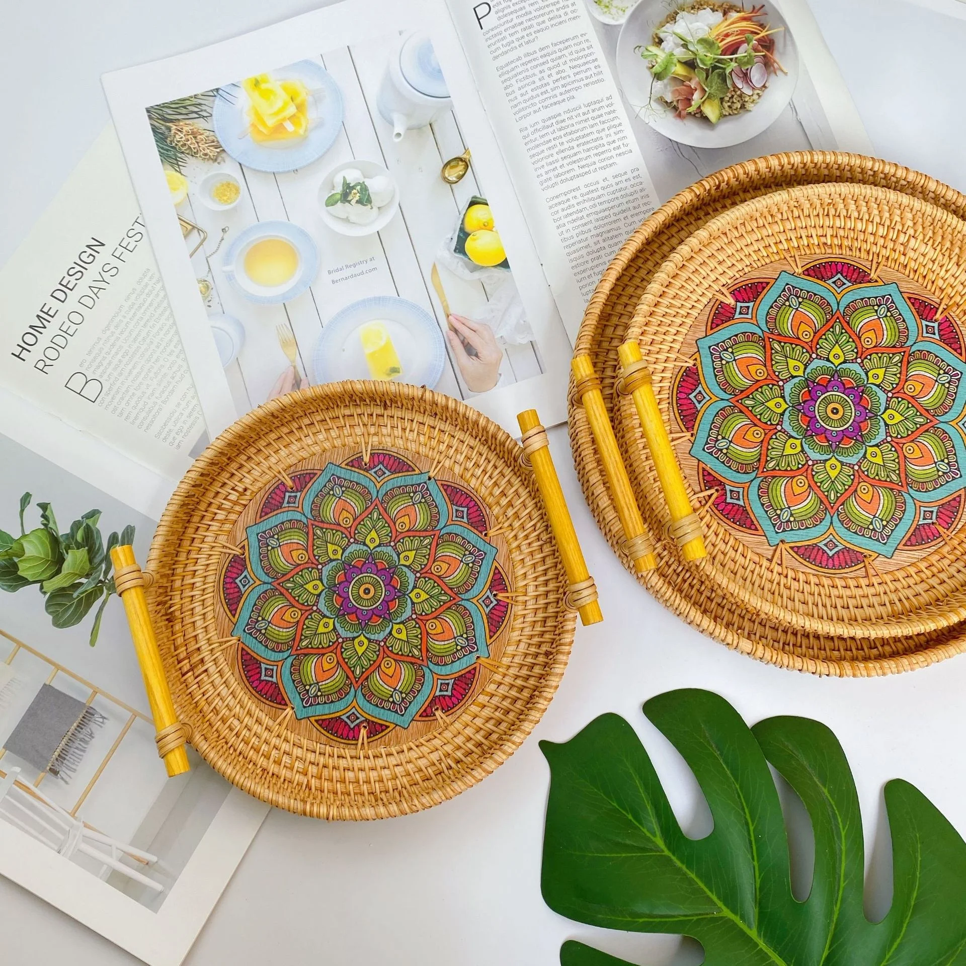 Serving Coffee Table Decorative Basket Colorful Vietnam Vintage New Design Rattan Woven Round Tray