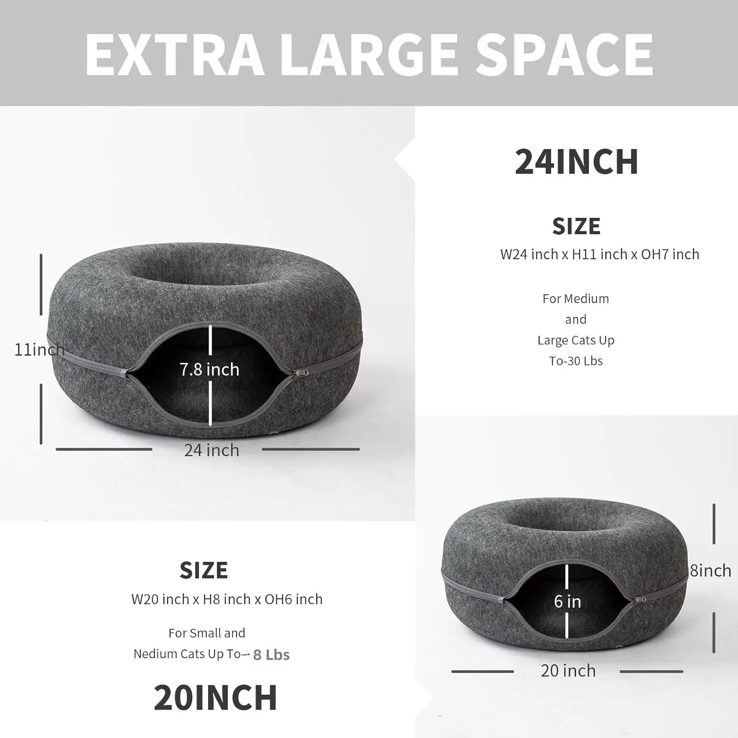 Fleeced Sleep Cozy Cat Donut Tunnel Bed Scratch Detachable Washable Peekaboo Cat Cave for Multiple & Large Cats