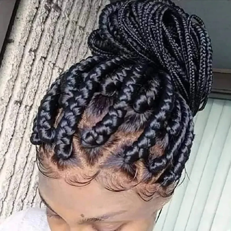 Wholesale African Knotless Box Braiding Hair Wig Glueless Synthetic Hair Vendors Full Lace Front Braided Wigs For Black Women