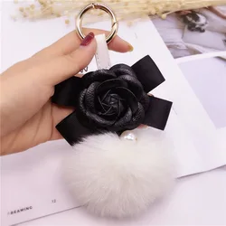 New Korean Style Bow Camellia Key Holder Pendant Flower Shape Keyrings with Fox Fur Ball (KC296C)