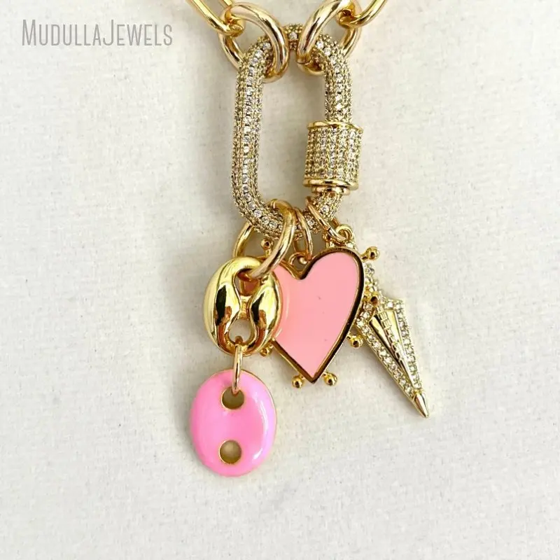NM42693 Coffee Bean Arrowhead Heart Charm CZ Pendant Paperclip Chain Carabiner Screw Clasp Stainless Steel Necklace