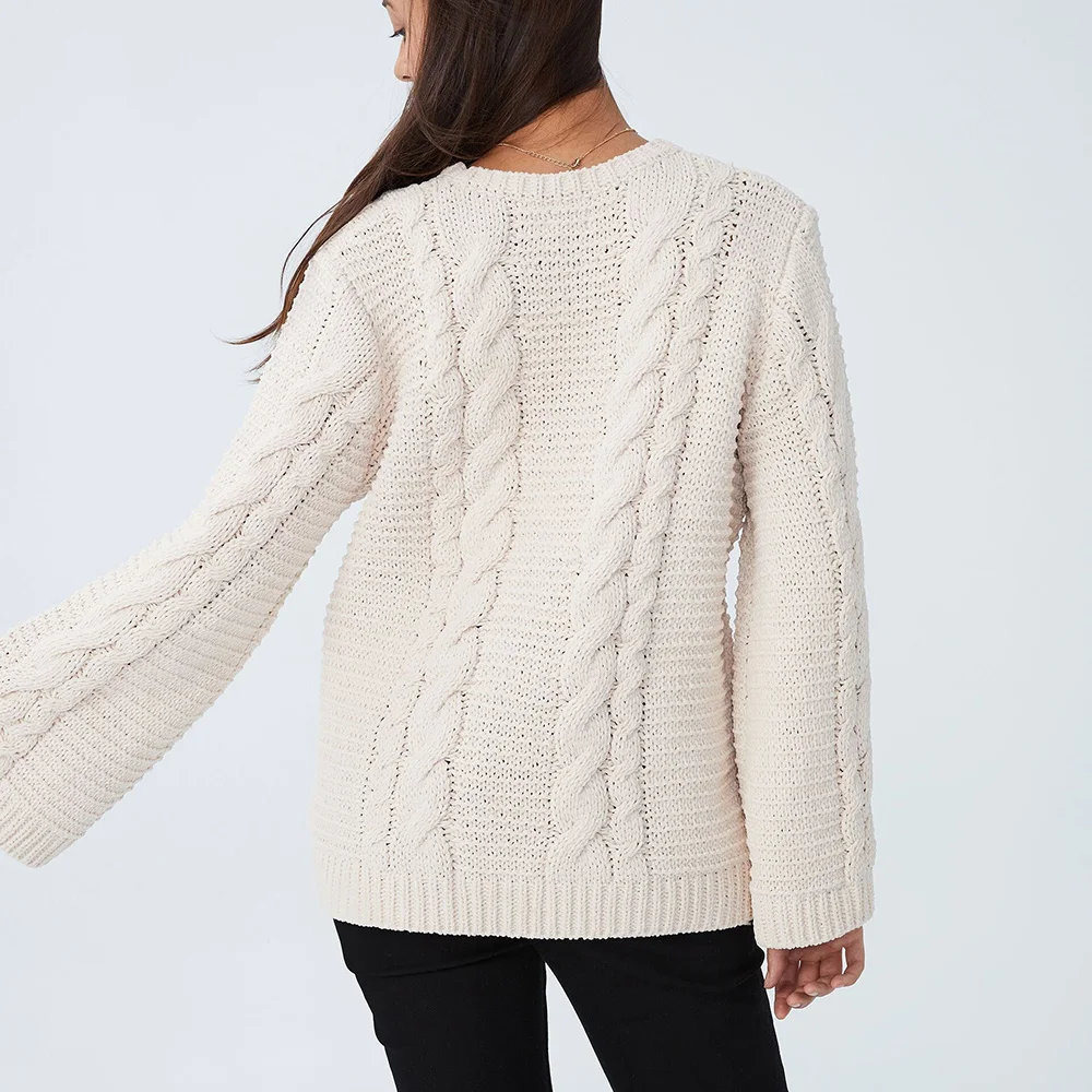 OEM manufacturer ladies fashion trumpet sleeve crew neck pullover cable knitted sweater for women