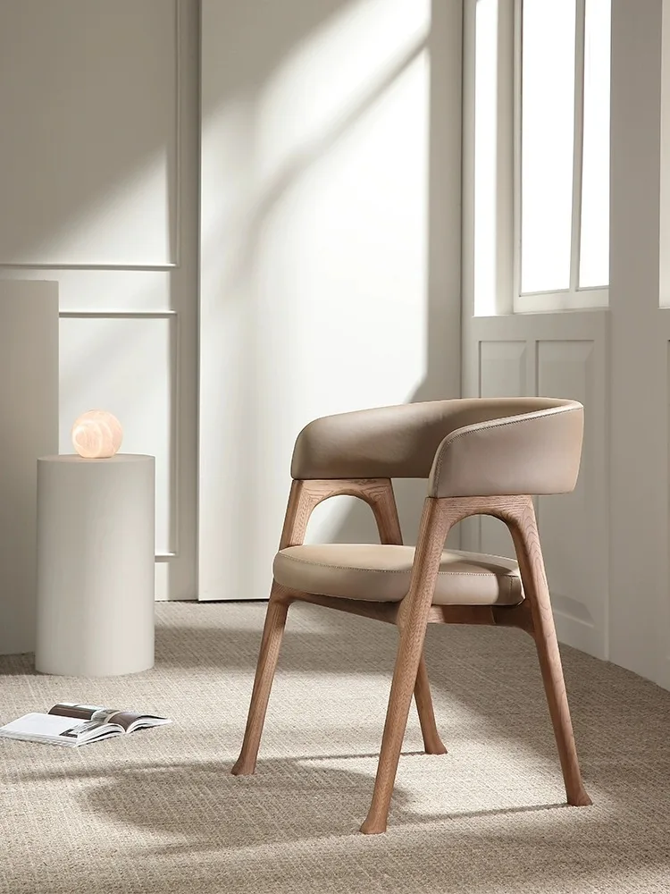 Italian Designer Restaurant Wabi-Sabi Ash Wood Mortise and Tenon Solid Microfiber Leather Dining Chair