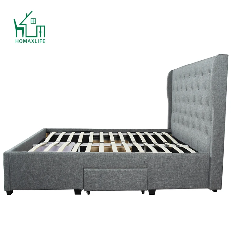 Free Sample Metal Upholstered Sizes Double Bed Frame with Storage and Velvet Headboard