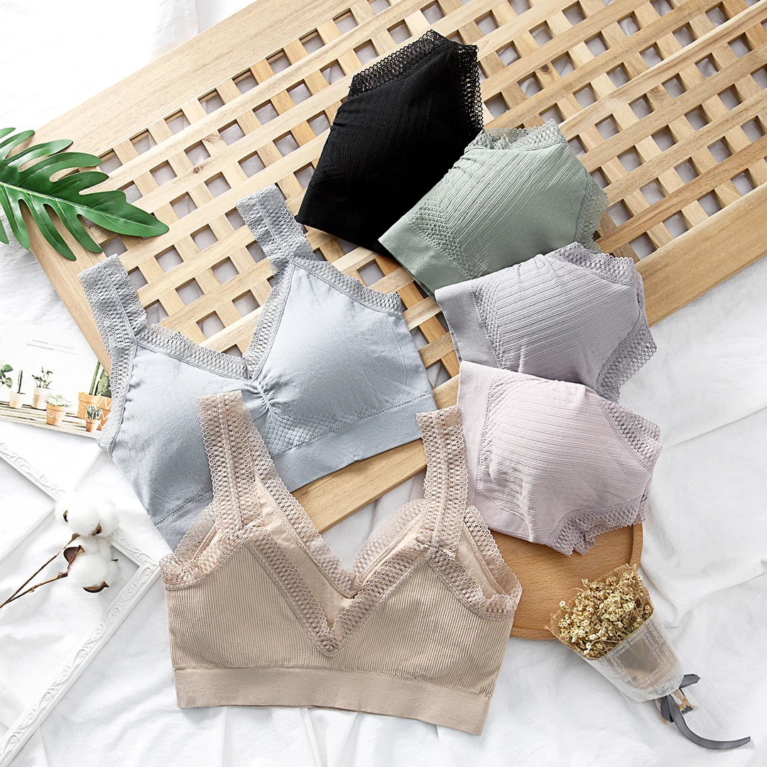 
Women V-Neck High Elastic Lace Strap Soft Thailand Latex Padding Wireless Seamless Sport Bra Bralette Crop Top Chest Wrap 