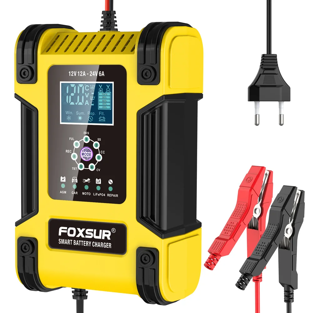 Foxsur Завод Мотоцикл автомобильное зарядное устройство 12V 12A свинцово-кислотный аккумулятор зарядное устройство 24V 6A с цифровым дисплеем