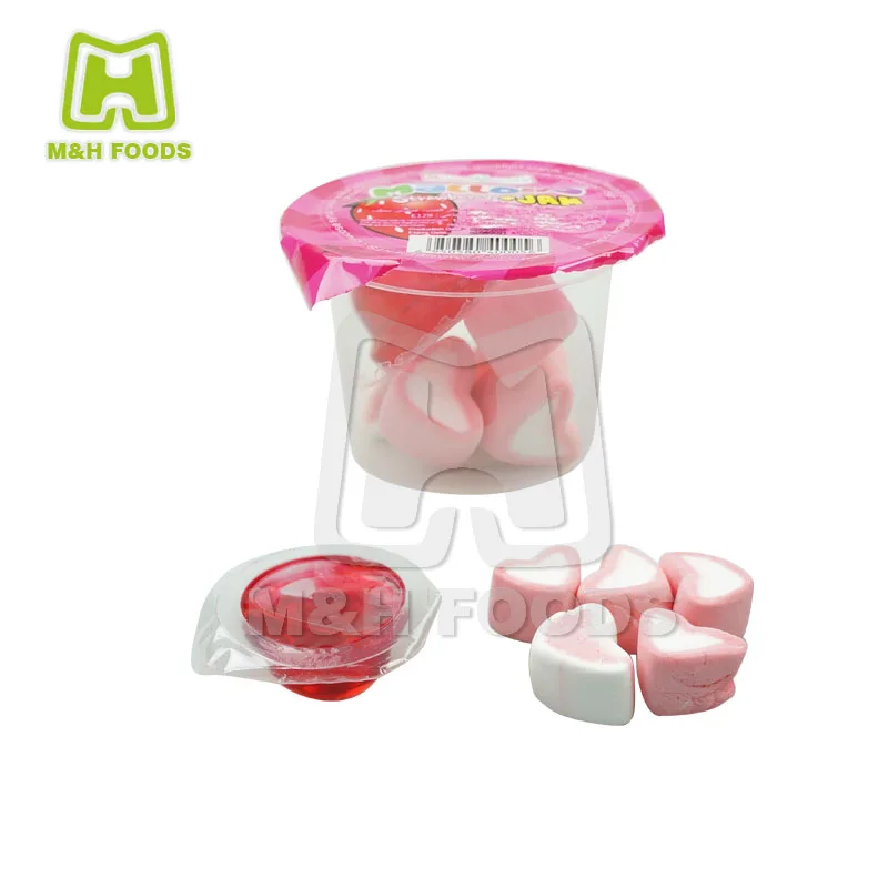 Sweet Cotton Candy Mini Heart Shaped Marshmallow Candy with Fruity Jam in Cups
