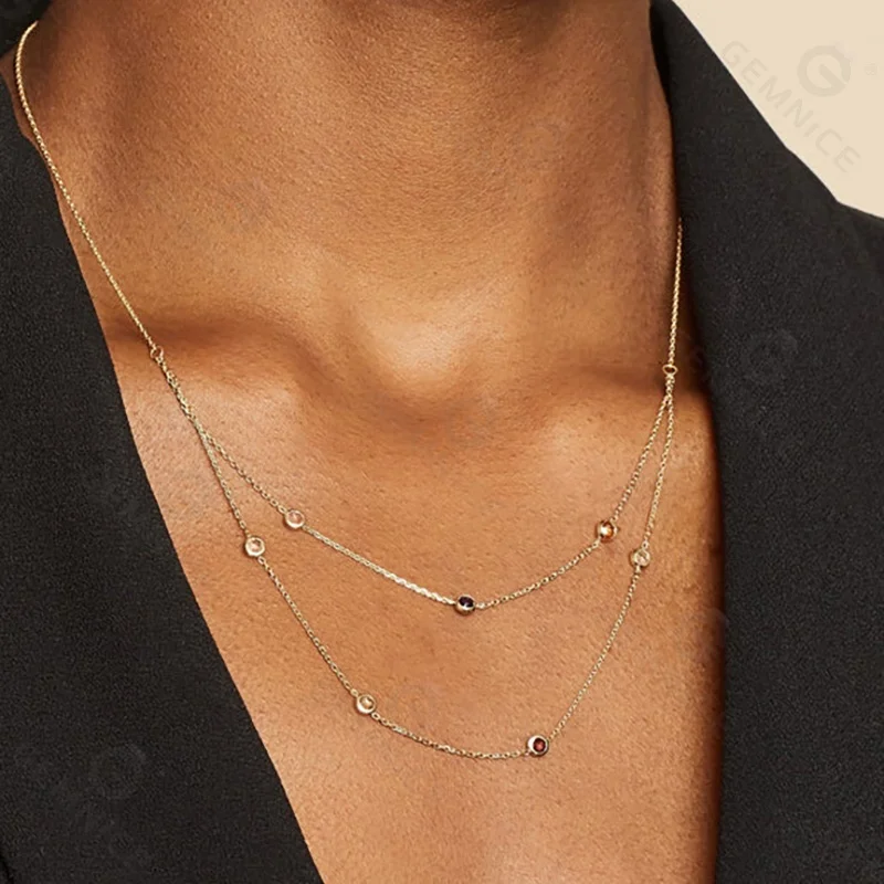 Gemnel women fine jewelry 925 silver gold plated pave rainbow zircons layered cable chain necklace