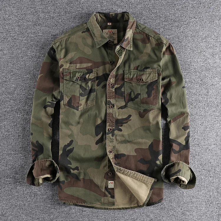 Hot Sale Long Sleeve  Wear Cargo Shirt Men Outdoor Uniforms Shirt Cotton Plus Size  Camouflage Shirt