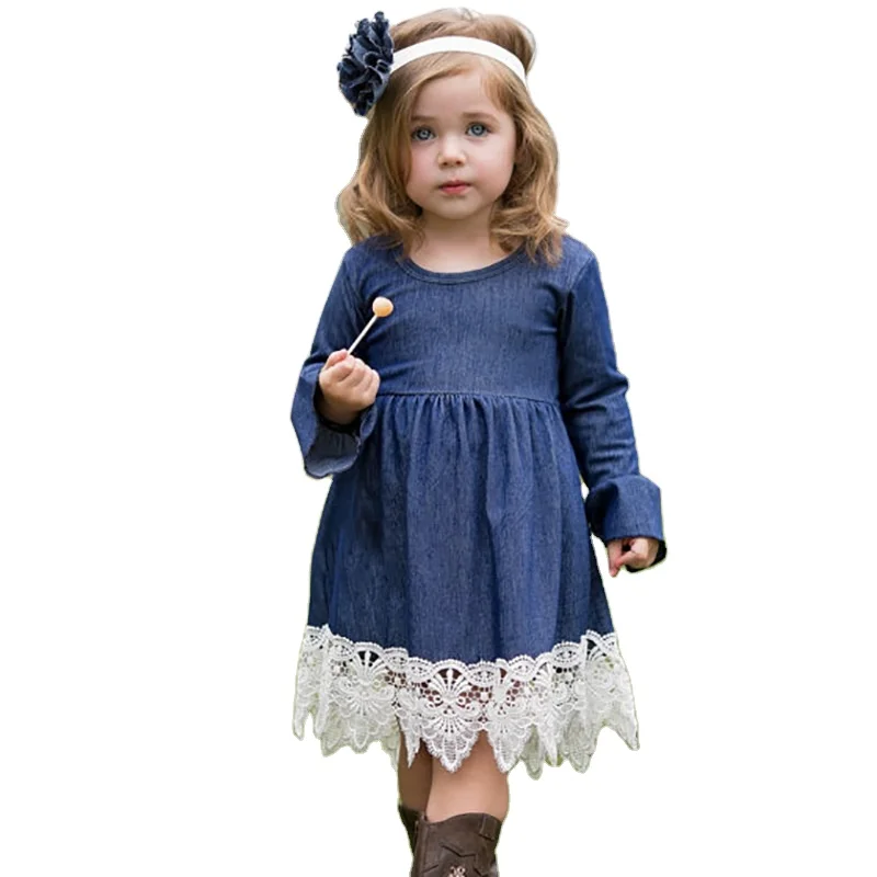 2024 New design baby girl jeans dresses child long sleeve clothes with lace