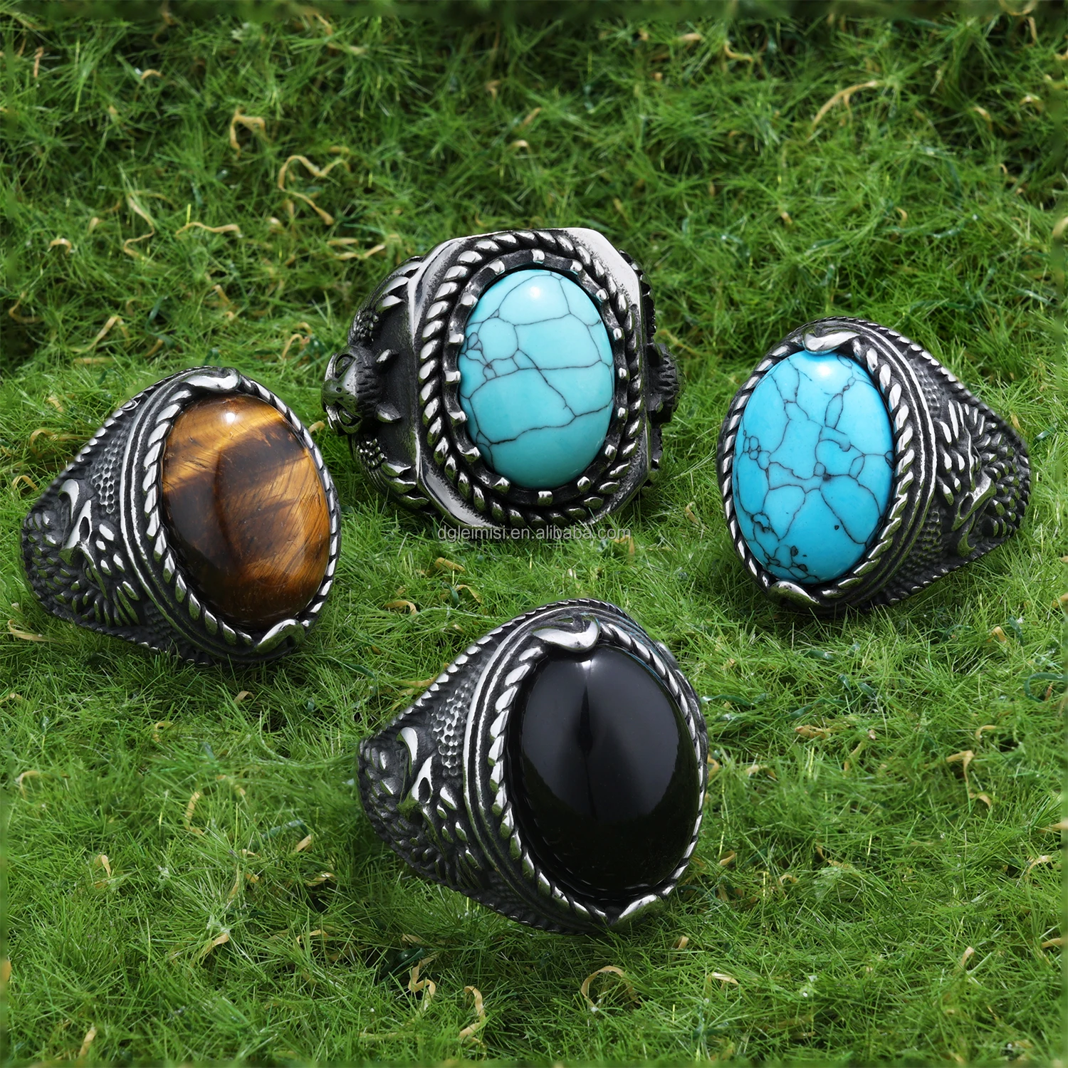 Stainless Steel Eagle Curved Inlaid Black Agate Arabic Man Wedding Engagement Band Ring Natural Tiger Eye Stone Rings for Men