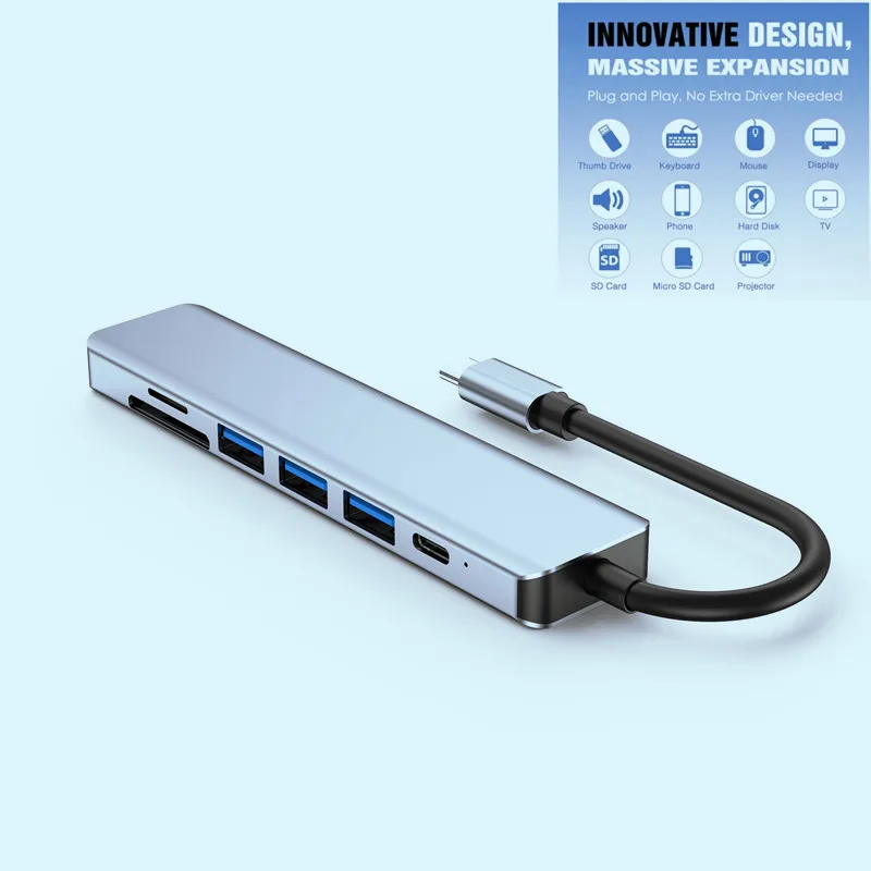 USB 3.0 Aluminum Alloy Thunderbolt 3 Dock 4K Media PD Charger Type-C 7 In 1 Hub