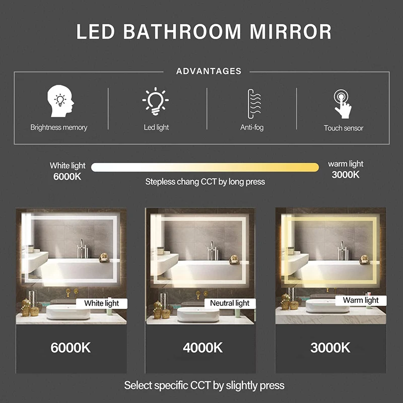 High Standard 5mm Copper-free Silver Mirror Backlit Light Led Customized Smart Bathroom Mirrors
