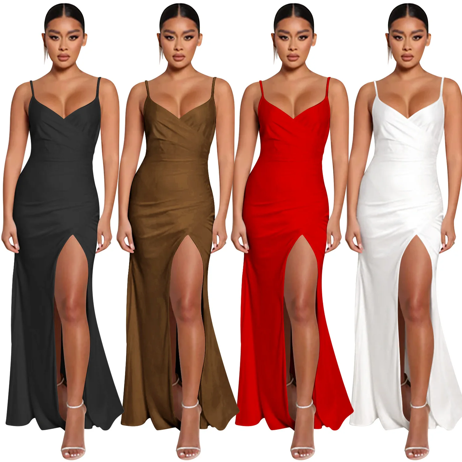 2022 New Arrivals Women Sleeveless Solid Color Skinny V-neck Ladies Elegant Bodycon Halter Long Slit Red Evening Prom Dresses