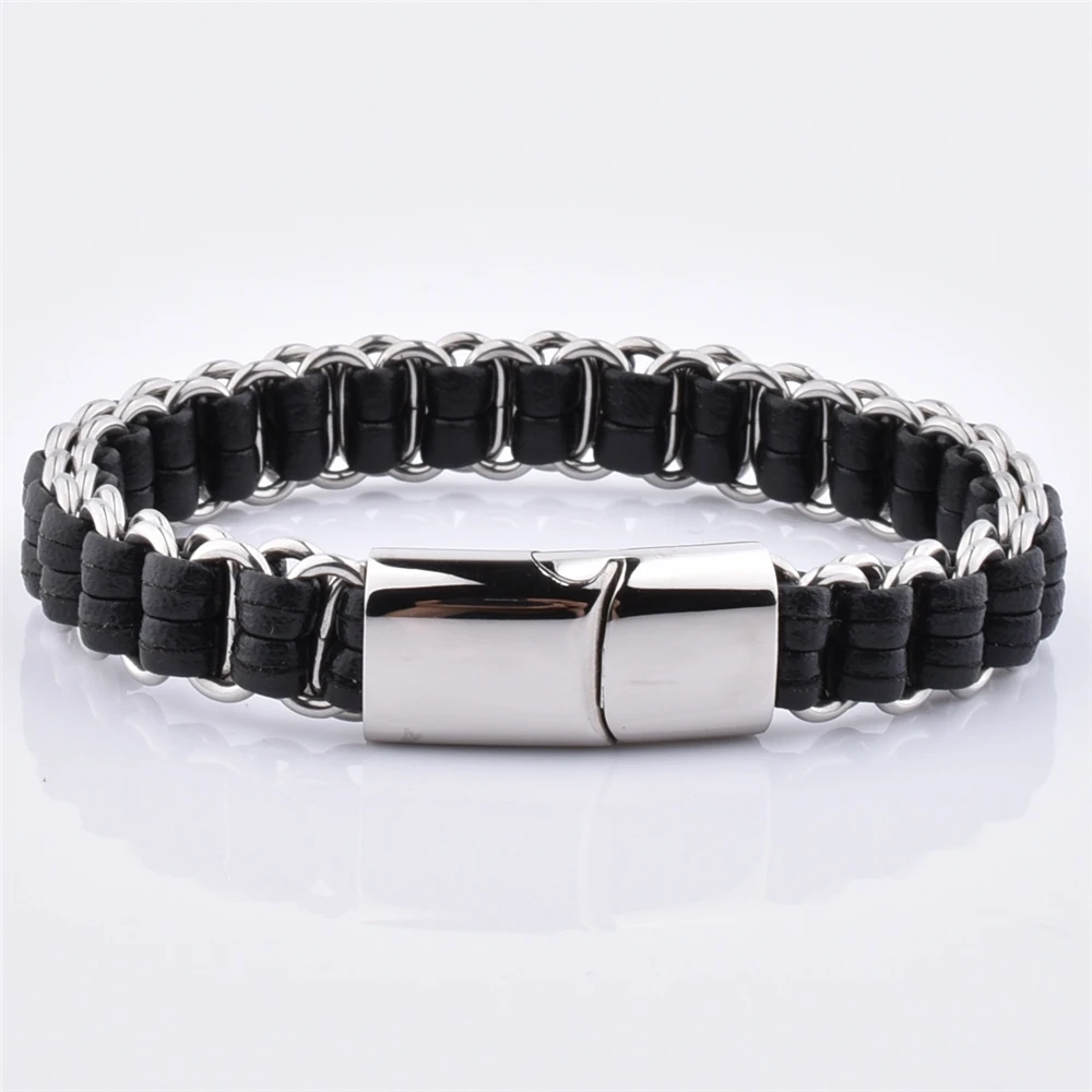 Fashion Jewelry Black Real Leather Bracelet With Vintage Steel Skull Clasp