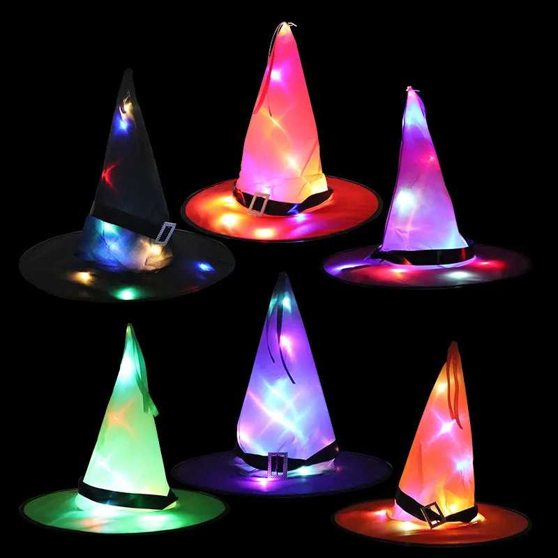 2020 YB Custom Halloween Party Decoration Kids Adult Cosplay Wizard Colorful Witch Led Lights Halloween Hats