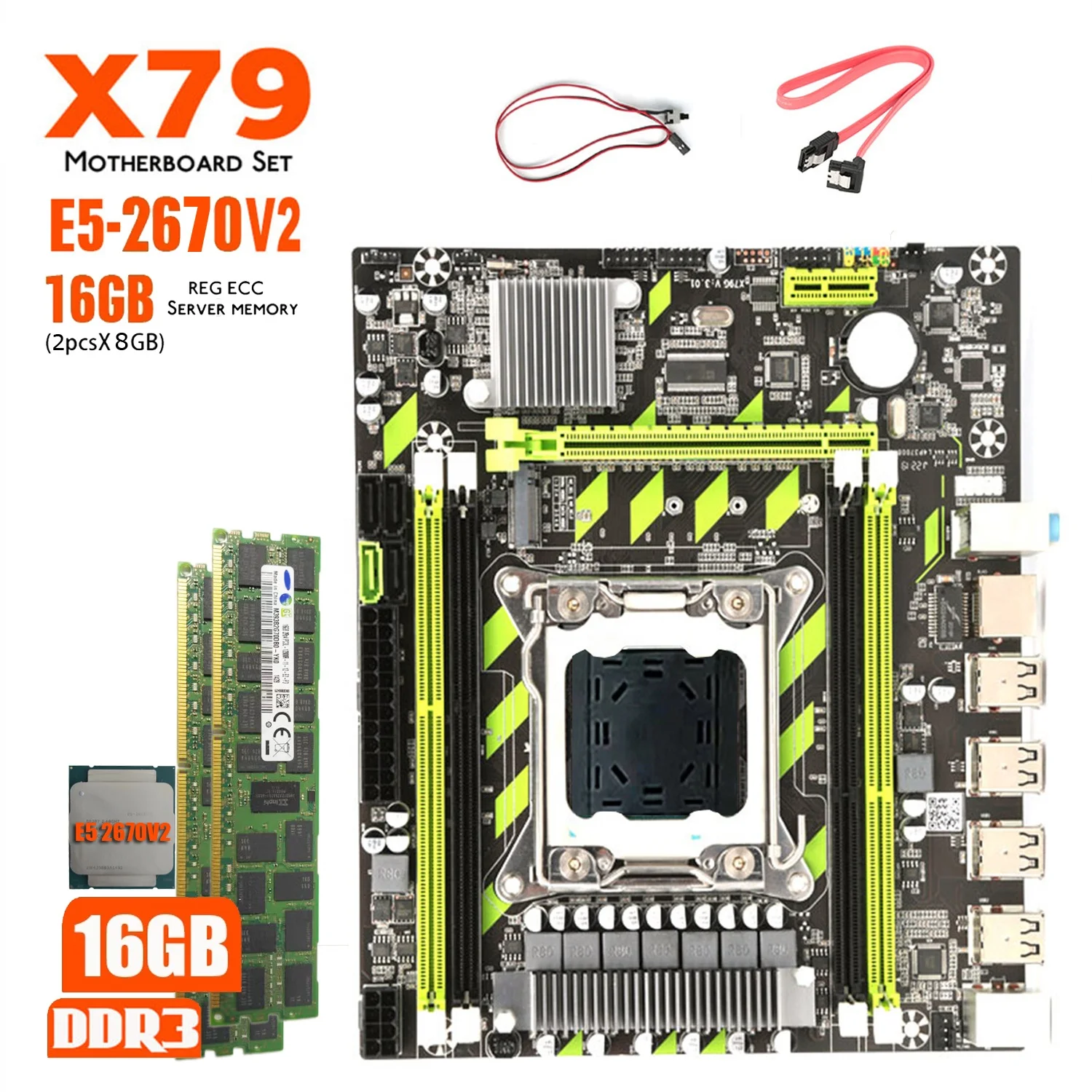 Комплект материнской платы X79G X79 с LGA2011 Combos Xeon E5 2670 V2 ЦПУ 2 шт. x 8 ГБ = 16 Гб памяти DDR3 ОЗУ радиатор 12800R 1600
