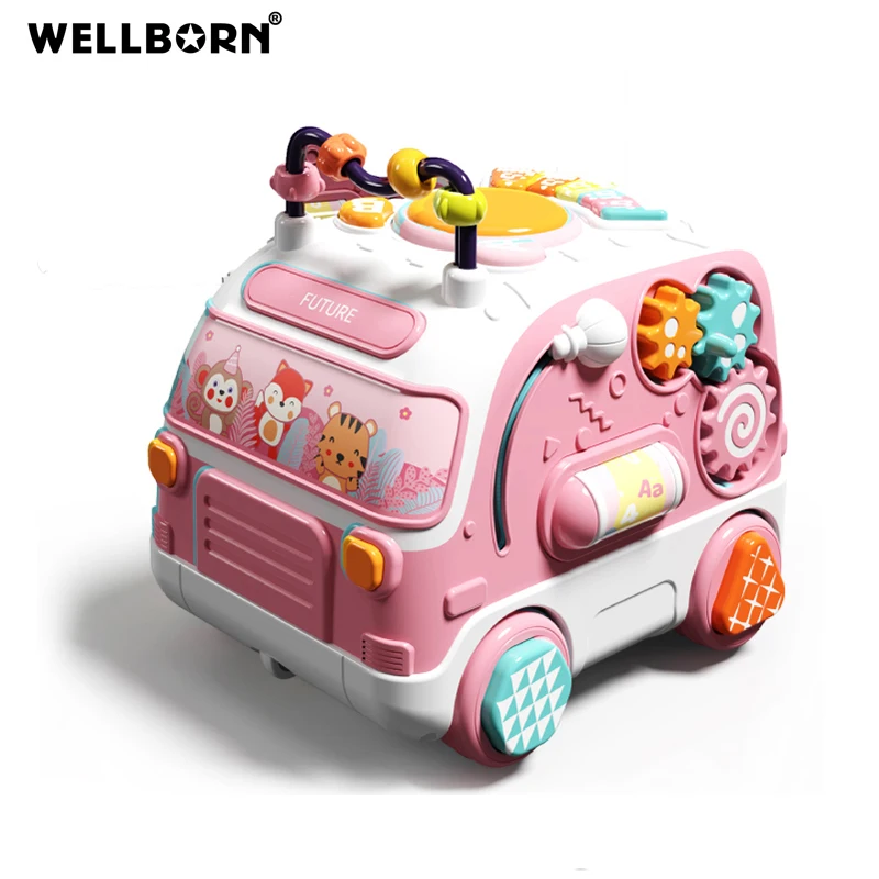 Multifunction Baby Cartoon Bus Educational Learning Car with Shape Matching Game and Hip-hop Hand Drum Toy  for Kids