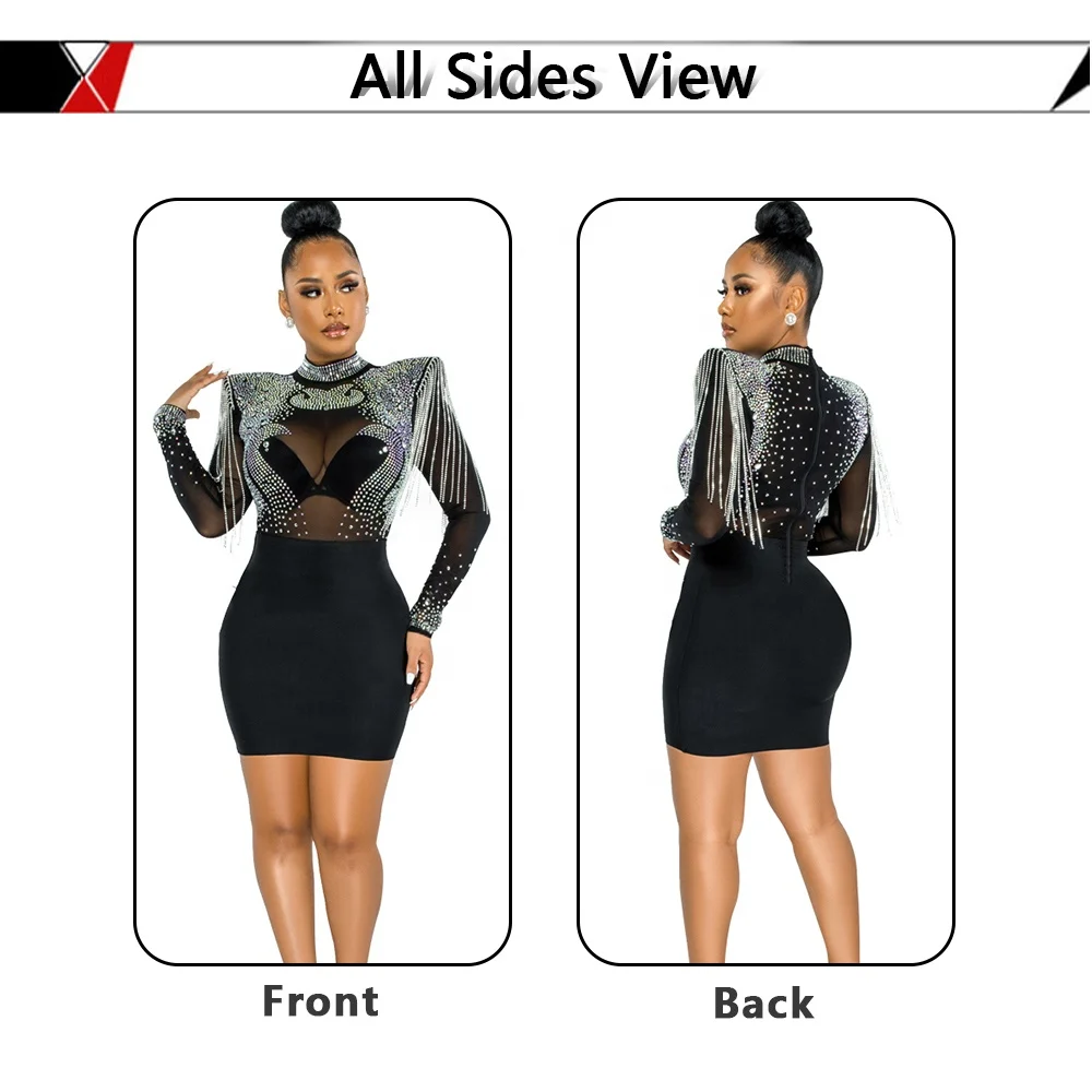 Прозрачное Сетчатое облегающее мини-платье с цепочкой со стразами и плечевым упором, с высоким воротником и длинным рукавом, повседневное